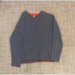 Tommy Hilfiger V-Neck Sweater Men's Medium Grey Ribbed Knit Orange Trim Logo